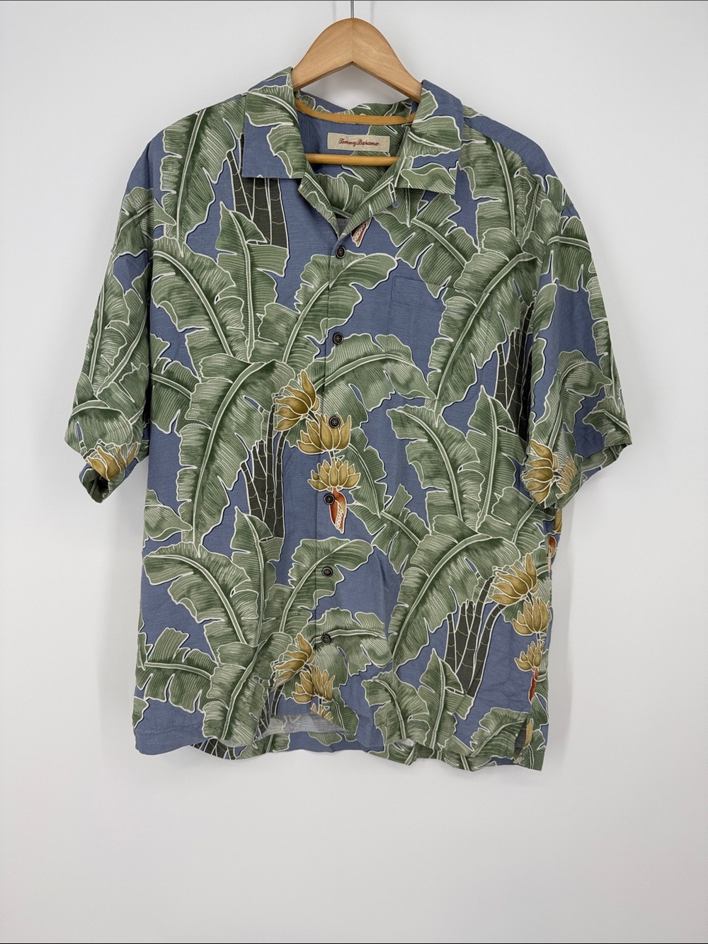 Tommy Bahama Blue and Green Tropical Camp Shirt with Yellow Floral Accents